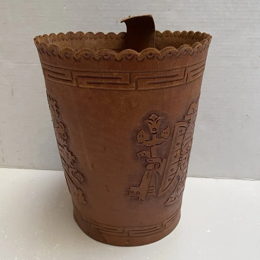 Embossed Leather Basket Hand Tooled Aztec Tribal Plywood Bottom Decor Western
